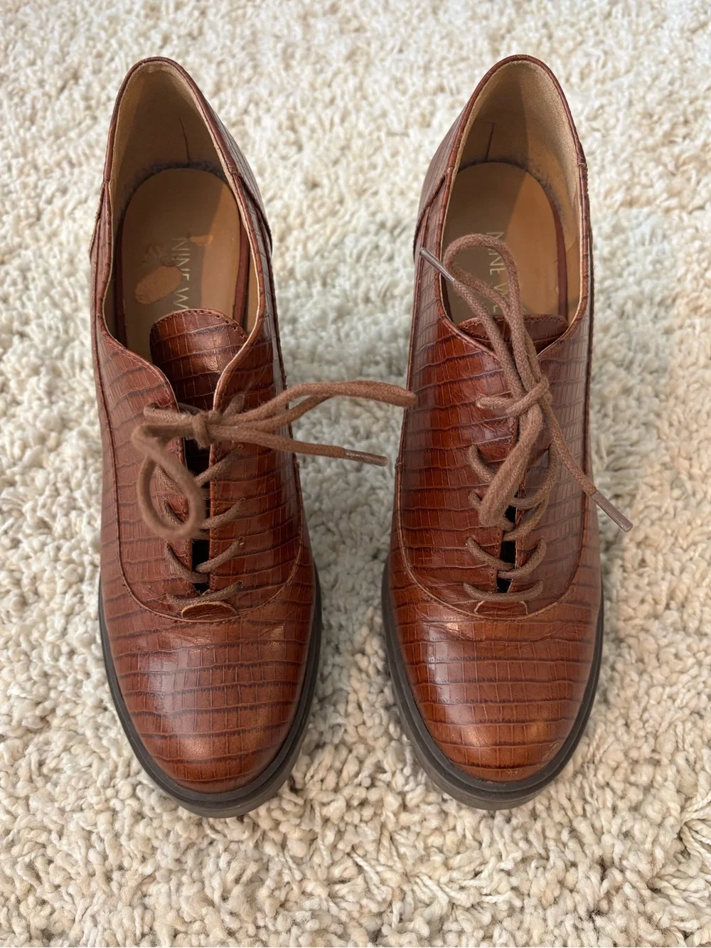Nine West Brown Embossed Oxford Laced Heels Size 7.5